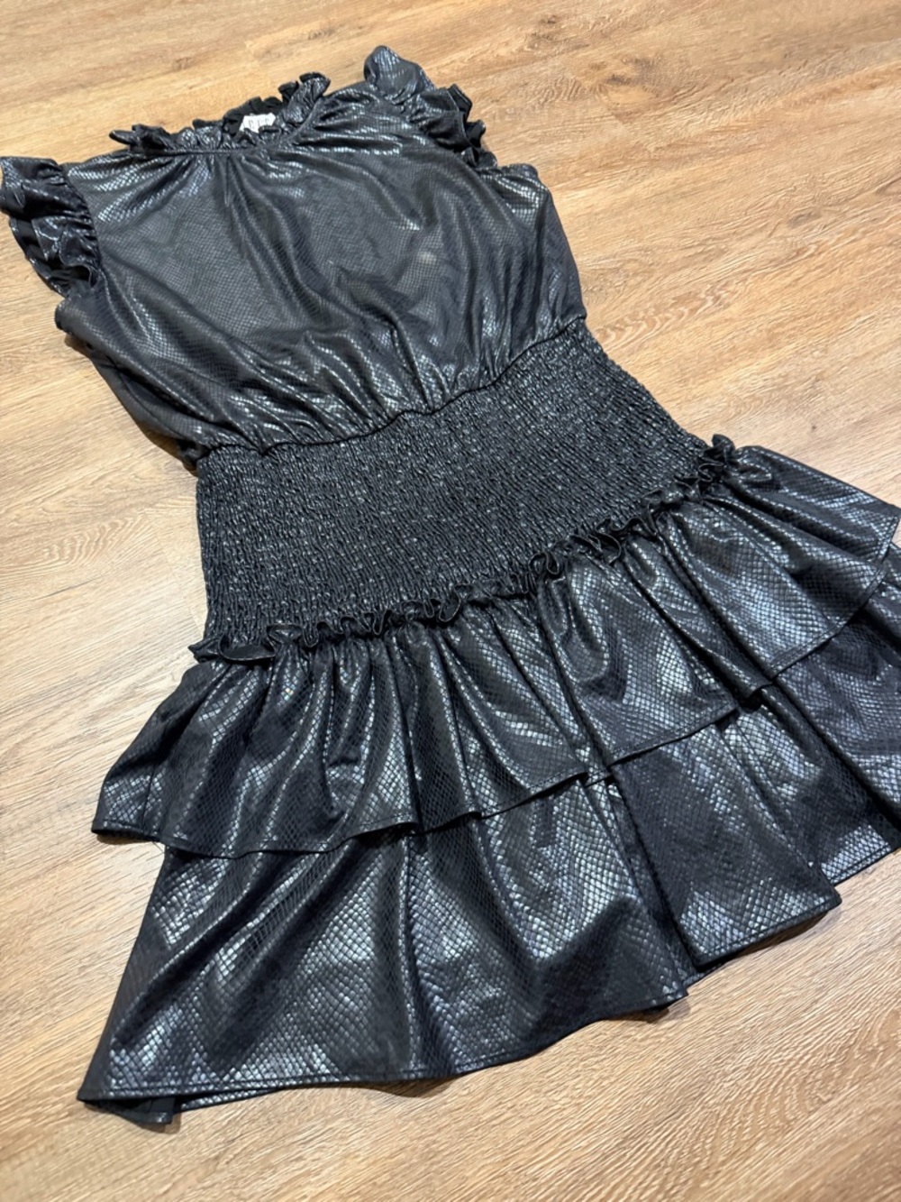 TCEC Faux Leather Black Snake Smocked Ruffle Tiered Mini Dress - Picture 7 of 10
